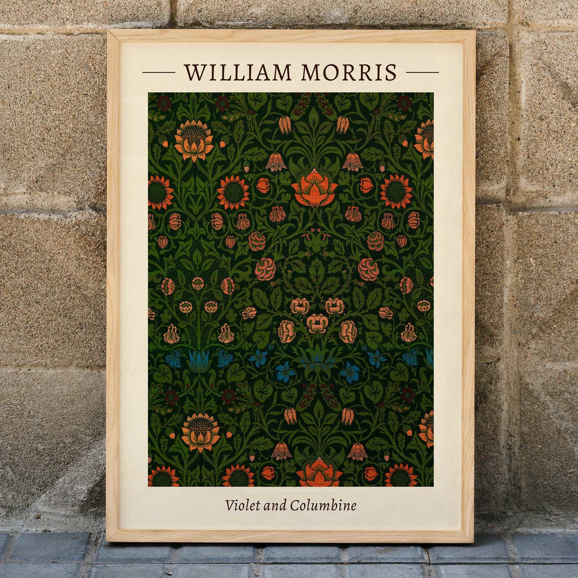 Floral pattern artwork poster titled Violet and Columbine by William Morris featuring intricate botanical designs with vivid green and orange tones, framed and displayed in home decor