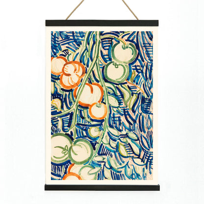 Drooping branch with red and green tomatoes by Christian Rohlfs vibrant abstract artwork poster, with wooden magnetic frame on white background