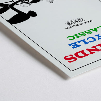 Closeup detail of Cyclists racing illustration and poster by Karlis Smiltens titled Redlands Bicycle Classic featuring red blue and green text on white background