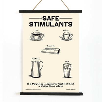 Dominion Scientific Temperance Committee illustration and poster promoting prohibition and safe alternatives to alcohol such as tea coffee chocolate hot water and milk, with wooden magnetic frame on white background