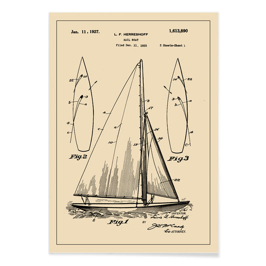 Vintage sailboat patent drawing and poster by L F Herreshoff featuring detailed technical sailboat artwork and schematics, with black aluminium frame on white background