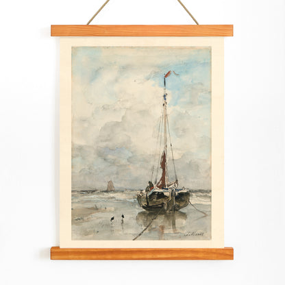 Sail boat on sandy beach under cloudy sky artwork by Jacob Maris poster inspired by Sail boat on the beach, with wooden magnetic frame on white background