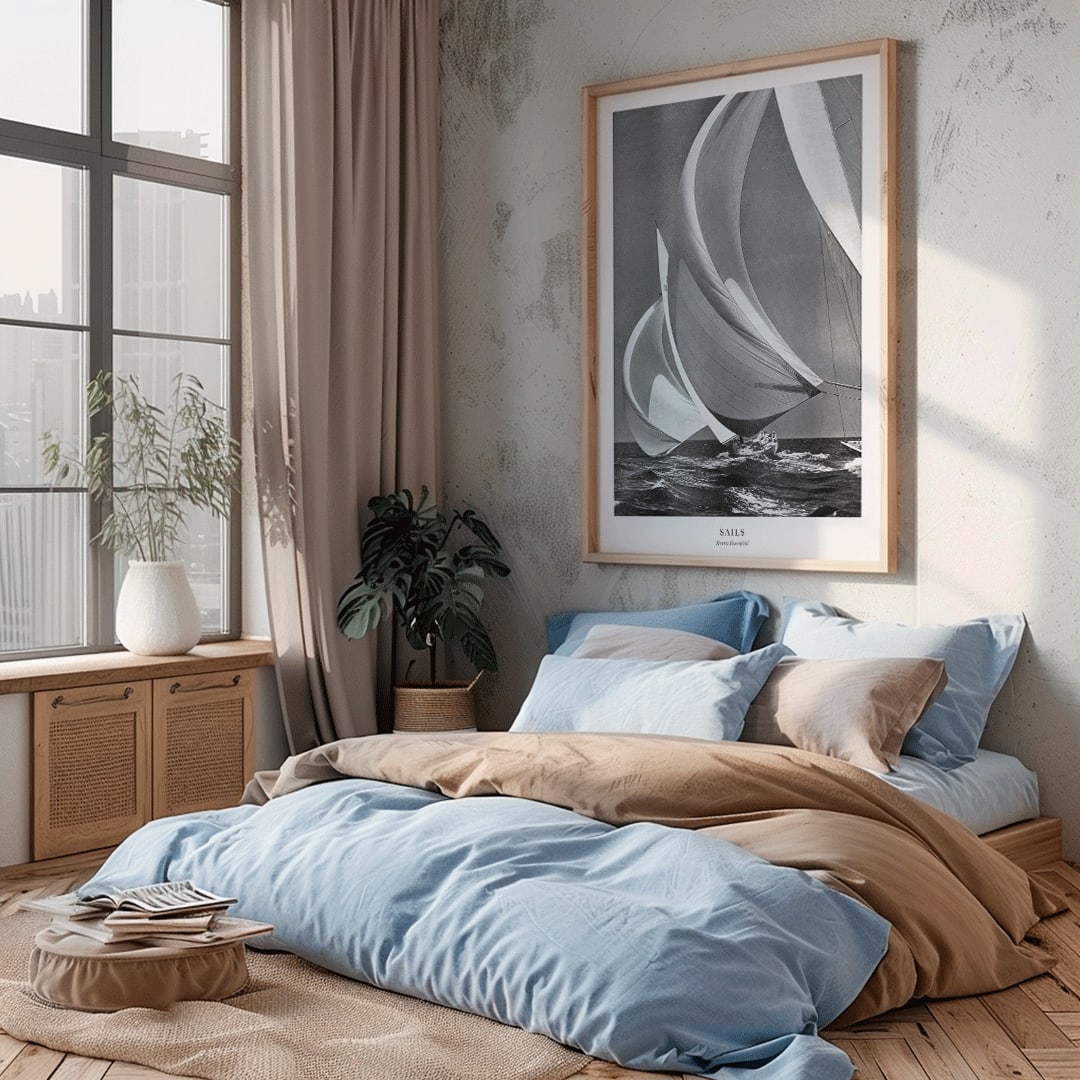 Sailing yacht with billowing sails on the open ocean by Morris Rosenfeld titled Sails poster artwork, framed and displayed in home decor