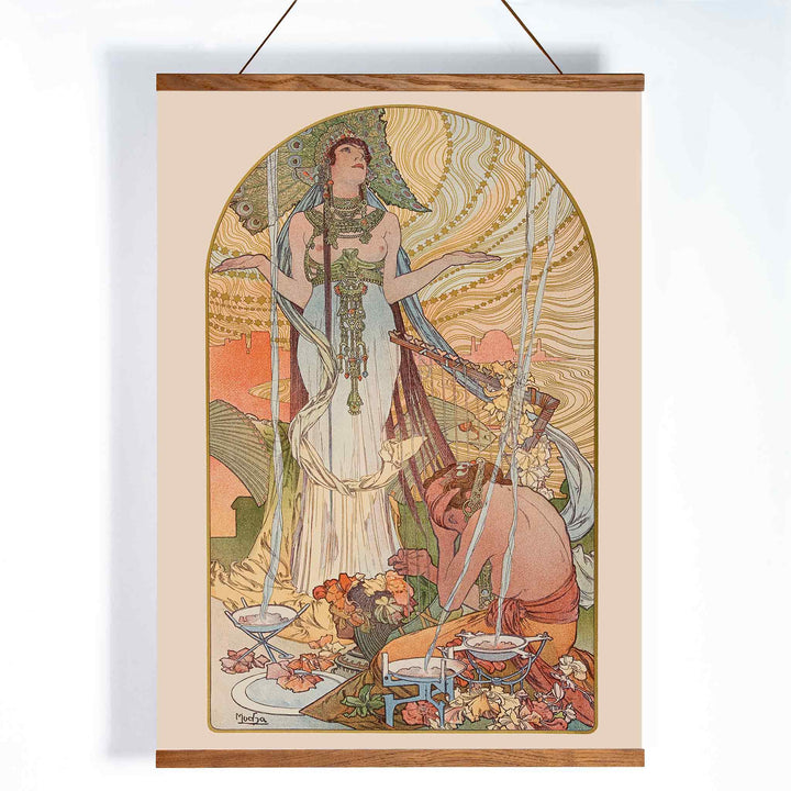 Alphonse Mucha Salammbô The Incantation Art Nouveau poster with ornate figure and flowing lines, with wooden magnetic frame on white background
