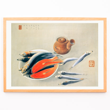 Closeup detail of Salmon Slices and Sardines by Tsuchida Bakusen poster featuring fish and teapot still life kitchen wall art decor