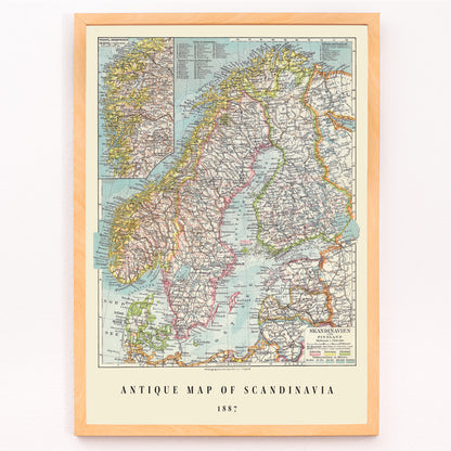 Closeup detail of Vintage map of Scandinavia German antique wall art by Institute of Liepzig detailed geographic poster for home or office decor