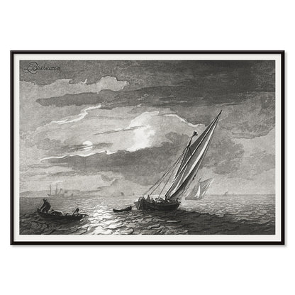 Sailboats on a moonlit sea seascape with full moon by Cornelis Ploos van Amstel poster showing sailboats on the ocean under a moonlit sky, with black aluminium frame on white background