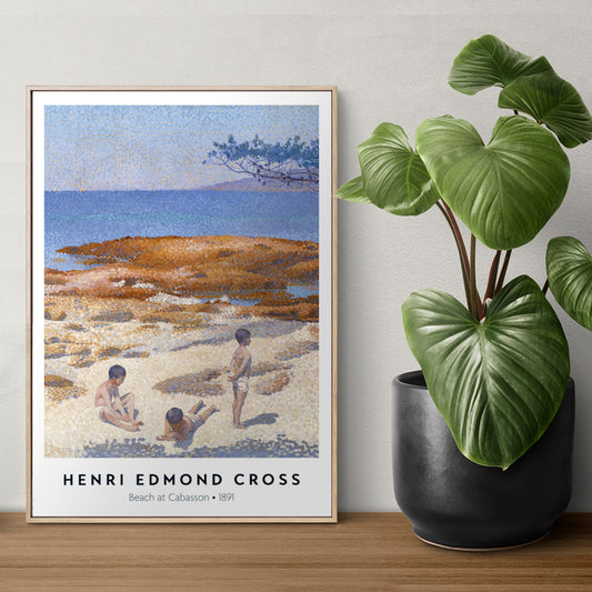 Poster of Beach at Cabasson by Henri Edmond Cross with children playing on a sandy shore under a blue sky, framed and displayed in home decor