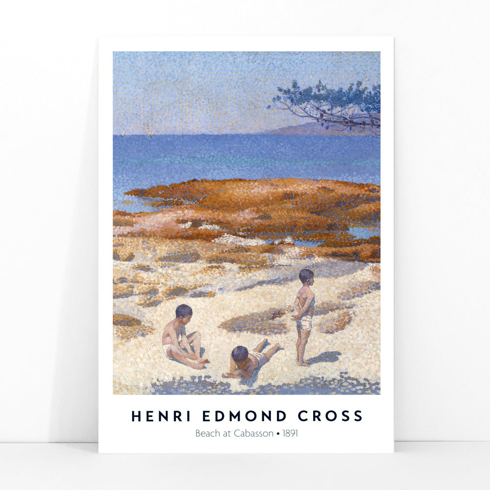 Poster of Beach at Cabasson by Henri Edmond Cross with children playing on a sandy shore under a blue sky, framed and displayed in modern living room decor