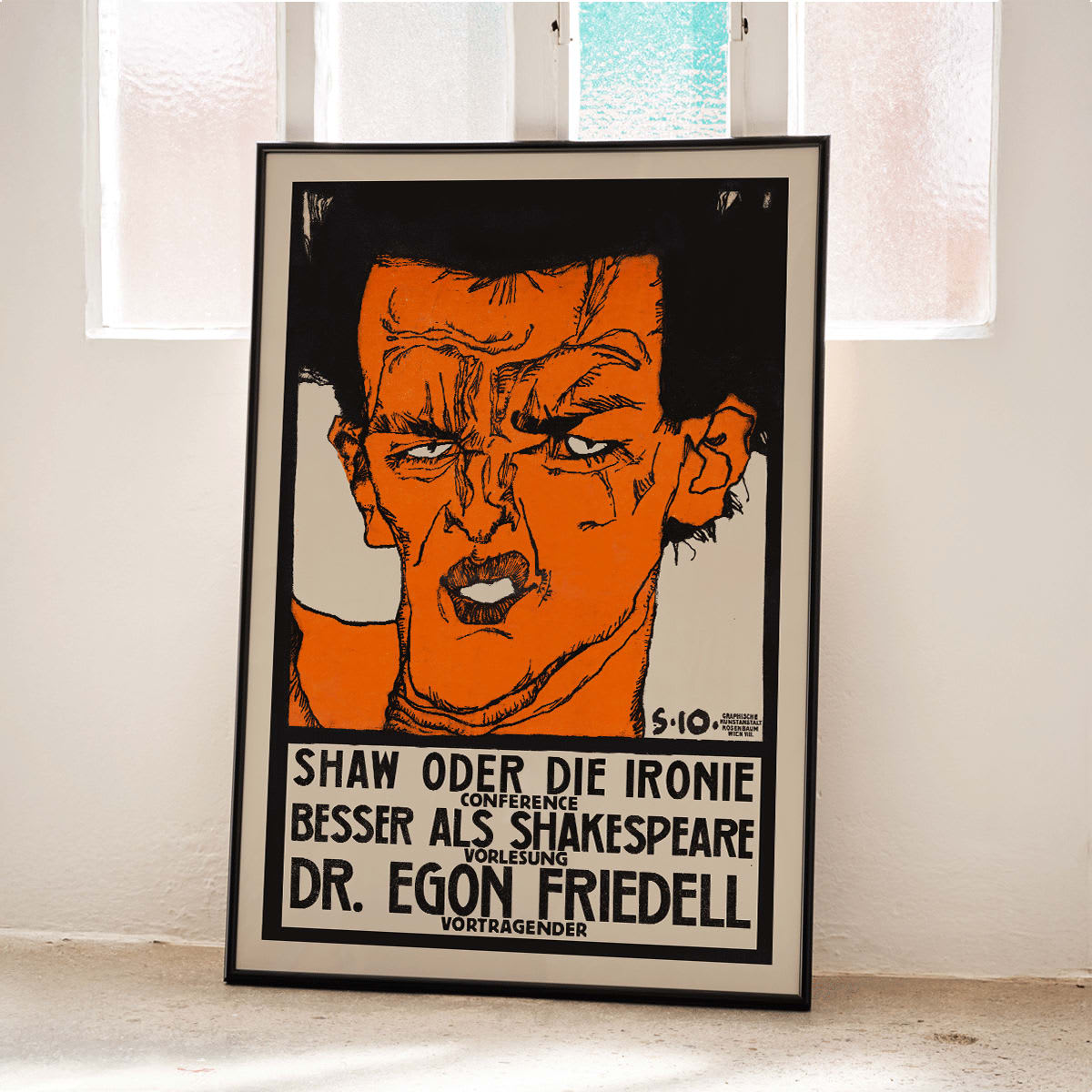 Colorful abstract portrait poster by Egon Schiele titled Shaw or Irony Lecture by Egon Friedell with bold colors and text, framed and displayed in home decor