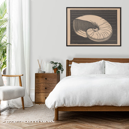 Black and white and beige shell illustration by Julie de Graag linocut artwork poster perfect for art and nature lovers, framed and displayed in home decor