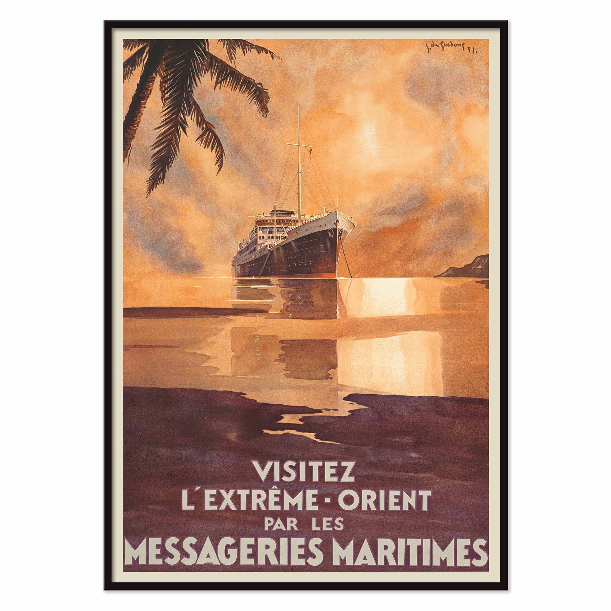 Visit the Far East by Messageries Maritimes poster with ship on calm water at sunset, palm silhouettes, maritime travel style, with black aluminium frame on white background