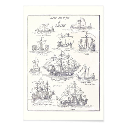 Historic ship illustrations and detailed pen sketches from Sea Pictures drawn with pen and pencil by James Macaulay, with black aluminium frame on white background