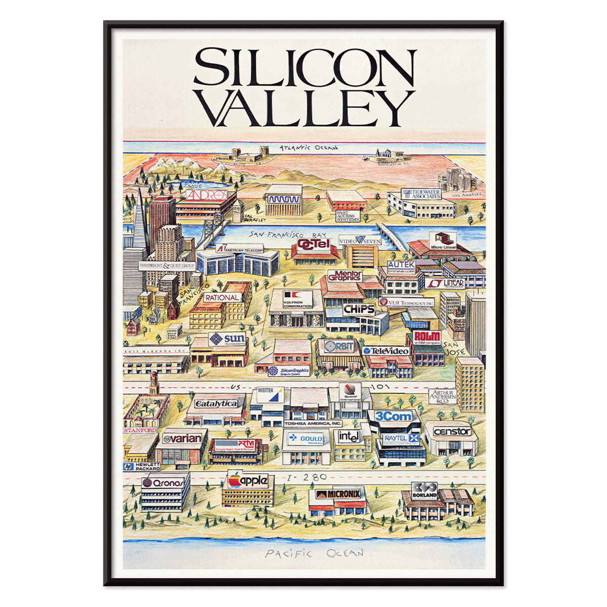 Silicon Valley Map poster by Kirby Scudder featuring tech company logos and notable companies illustration, with black aluminium frame on white background