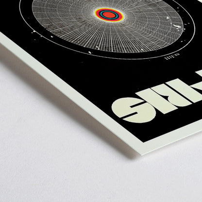 Closeup detail of Solaris Movie Poster abstract cosmic and circular design with intricate vibrant patterns on black background by Daniela Narvaez and anonymous artist