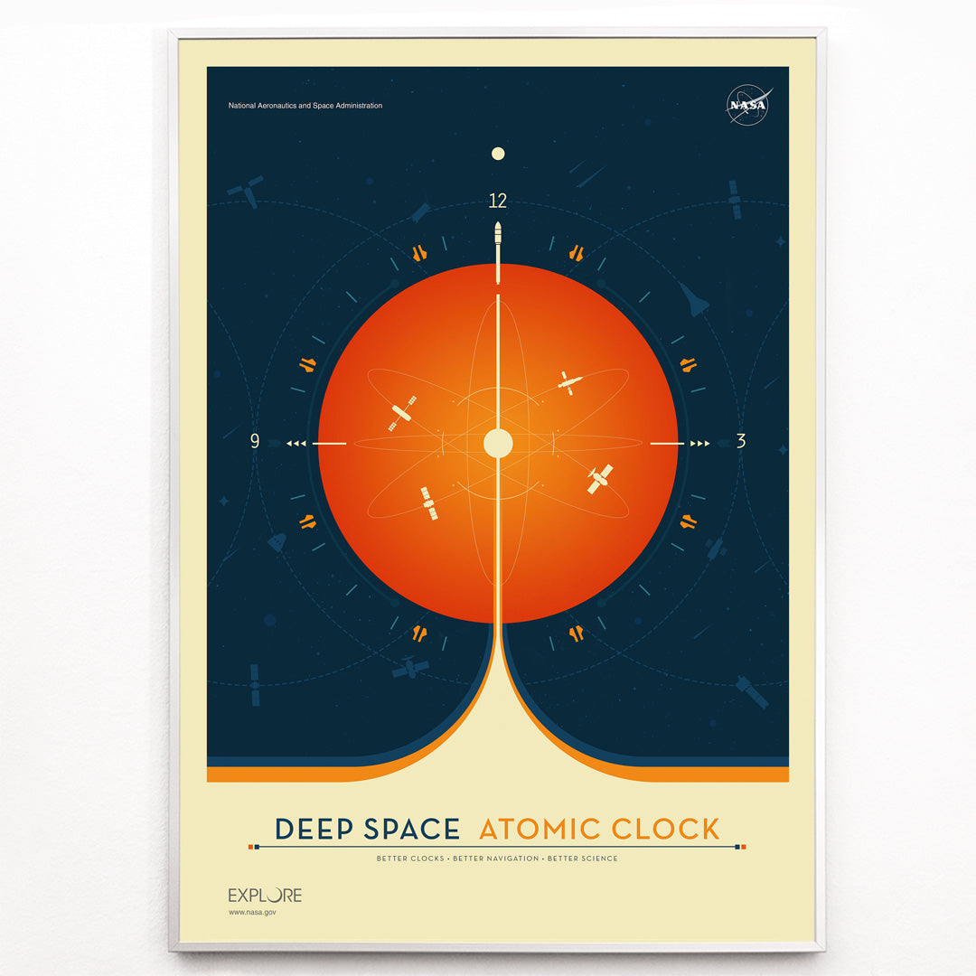 Closeup detail of Vibrant orange atomic clock with space elements Deep Space Atomic Clock by NASA modern space artwork