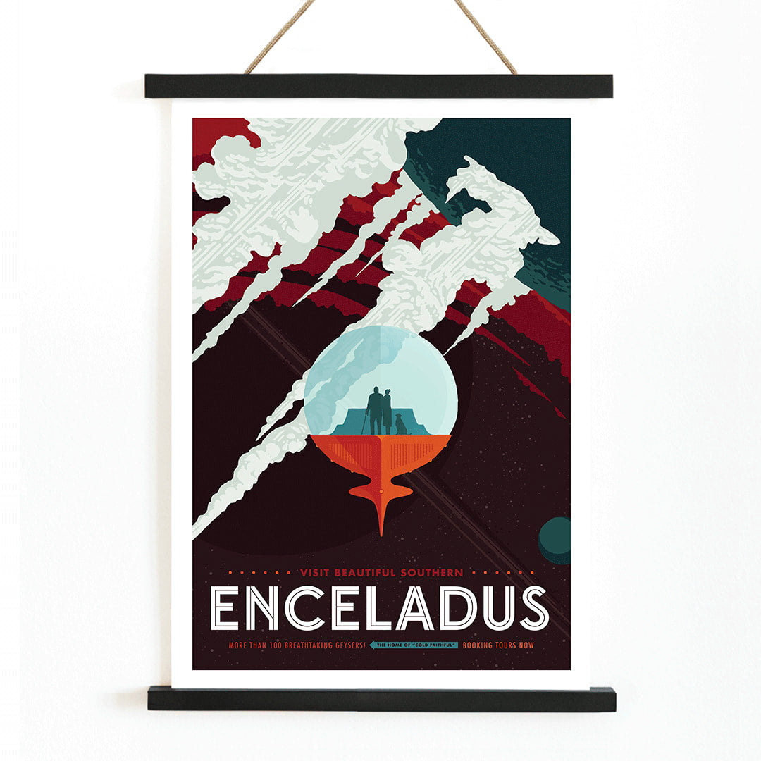 NASA retro space travel poster of Enceladus with tourists observing geysers and a futuristic space landscape, with wooden magnetic frame on white background