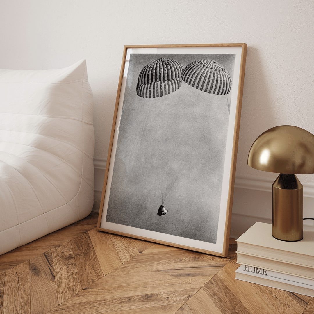 Apollo 9 spacecraft with astronauts McDivitt Scott and Schweickart descending toward Atlantic splashdown with parachutes NASA recovery poster, framed and displayed in home decor