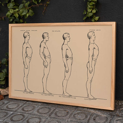 N.C. Roms Standing posture study poster with four side view figures in black line on beige background, framed and displayed in modern living room decor
