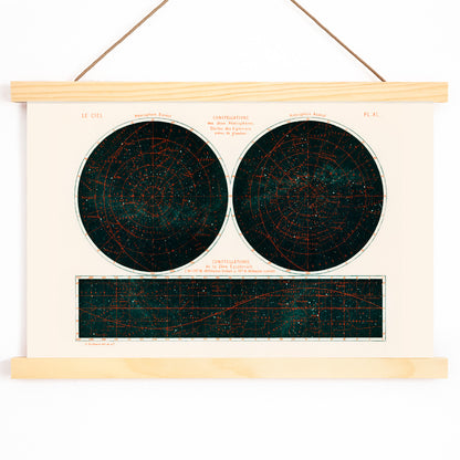 Celestial chart and poster of the two hemispheres night sky by Guillemin Amédée showing Constellations of the Two Hemispheres star maps, with wooden magnetic frame on white background