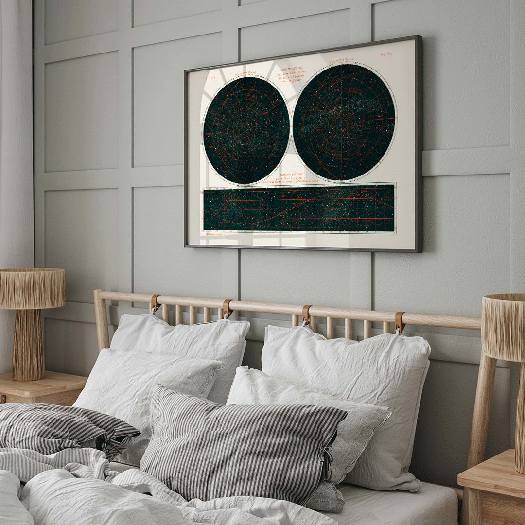 Celestial chart and poster of the two hemispheres night sky by Guillemin Amédée showing Constellations of the Two Hemispheres star maps, framed and displayed in home decor