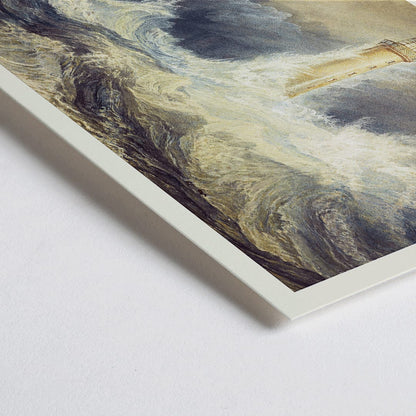 Closeup detail of Bell Rock Lighthouse painting by Joseph Mallord William Turner showing a lighthouse in stormy seas with towering waves and a sailboat