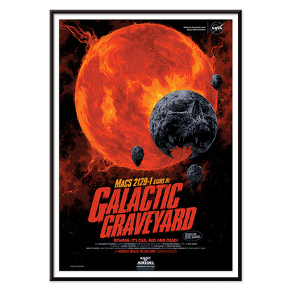 Fiery red star and dark planetary debris in space from Galactic Graveyard by NASA wall art poster for home decor, with black aluminium frame on white background