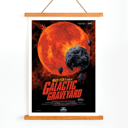 Fiery red star and dark planetary debris in space from Galactic Graveyard by NASA wall art poster for home decor, with wooden magnetic frame on white background