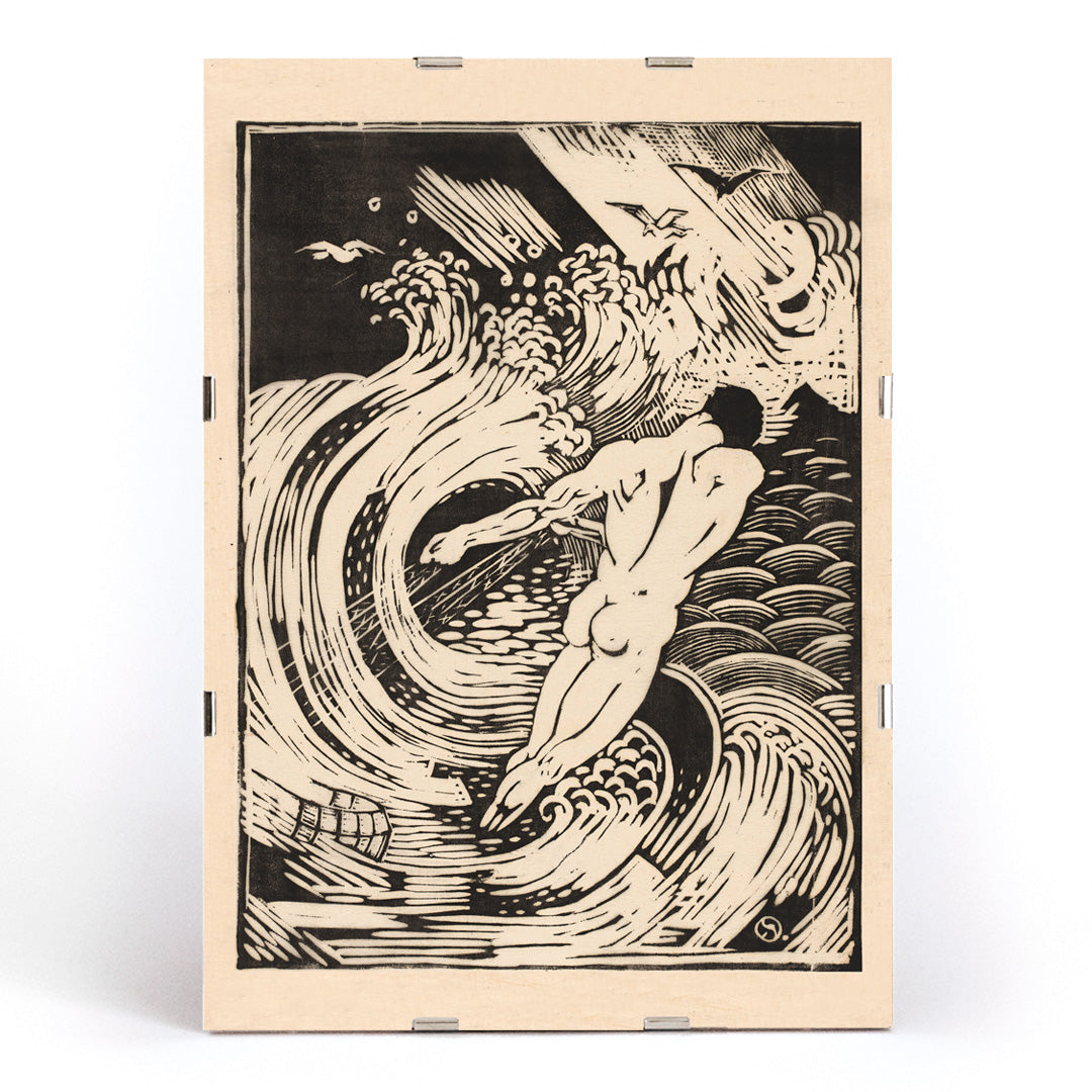 Nude male diving into swirling stormy waves in De visscher by Henri van der Stok poster, framed and displayed in modern living room decor