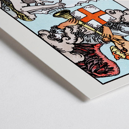 Closeup detail of Judgement tarot card by Rider Waite showing an angel with a trumpet and people rising from graves poster