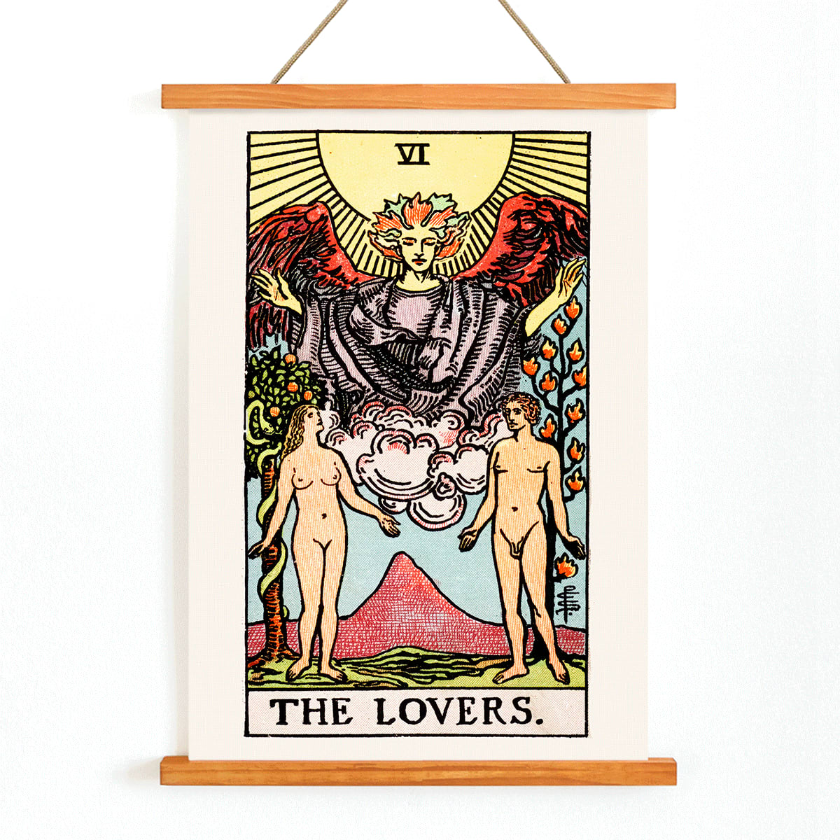 The Lovers Tarot card by Rider Waite featuring a winged angel above a man and woman in a garden illustration and poster, with wooden magnetic frame on white background