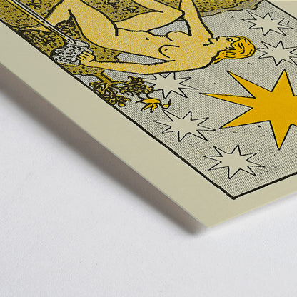 Closeup detail of The Star tarot card by Lauron William de Laurence showing a woman pouring water from jugs under a starlit night sky tarot poster