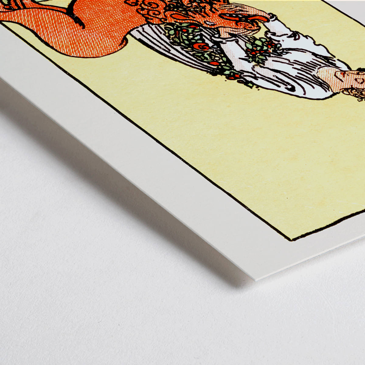 Closeup detail of Tarot Strength card by Rider Waite showing a woman calming a lion with an infinity symbol above her head