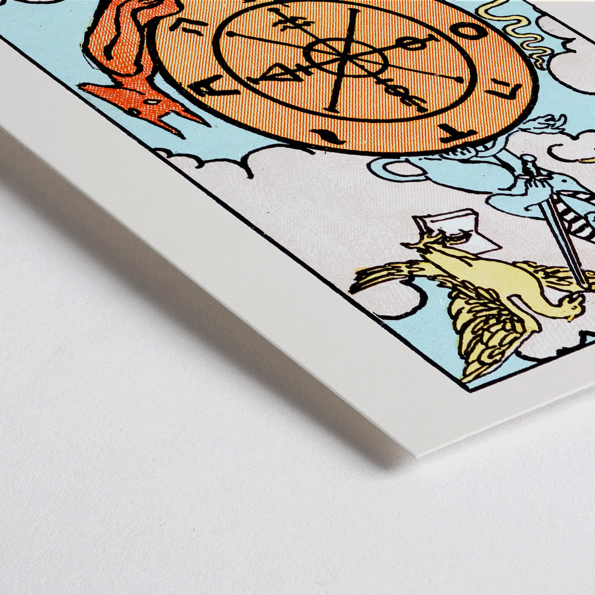 Closeup detail of Tarot The Wheel Of Fortune by Rider Waite featuring a mystical wheel surrounded by mythical creatures poster and card artwork