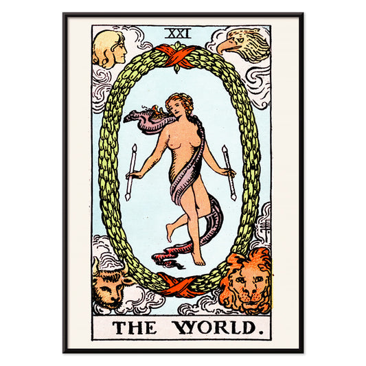 The World Tarot card by Rider Waite showing a central figure within an oval wreath surrounded by four figures representing the fixed signs, with black aluminium frame on white background