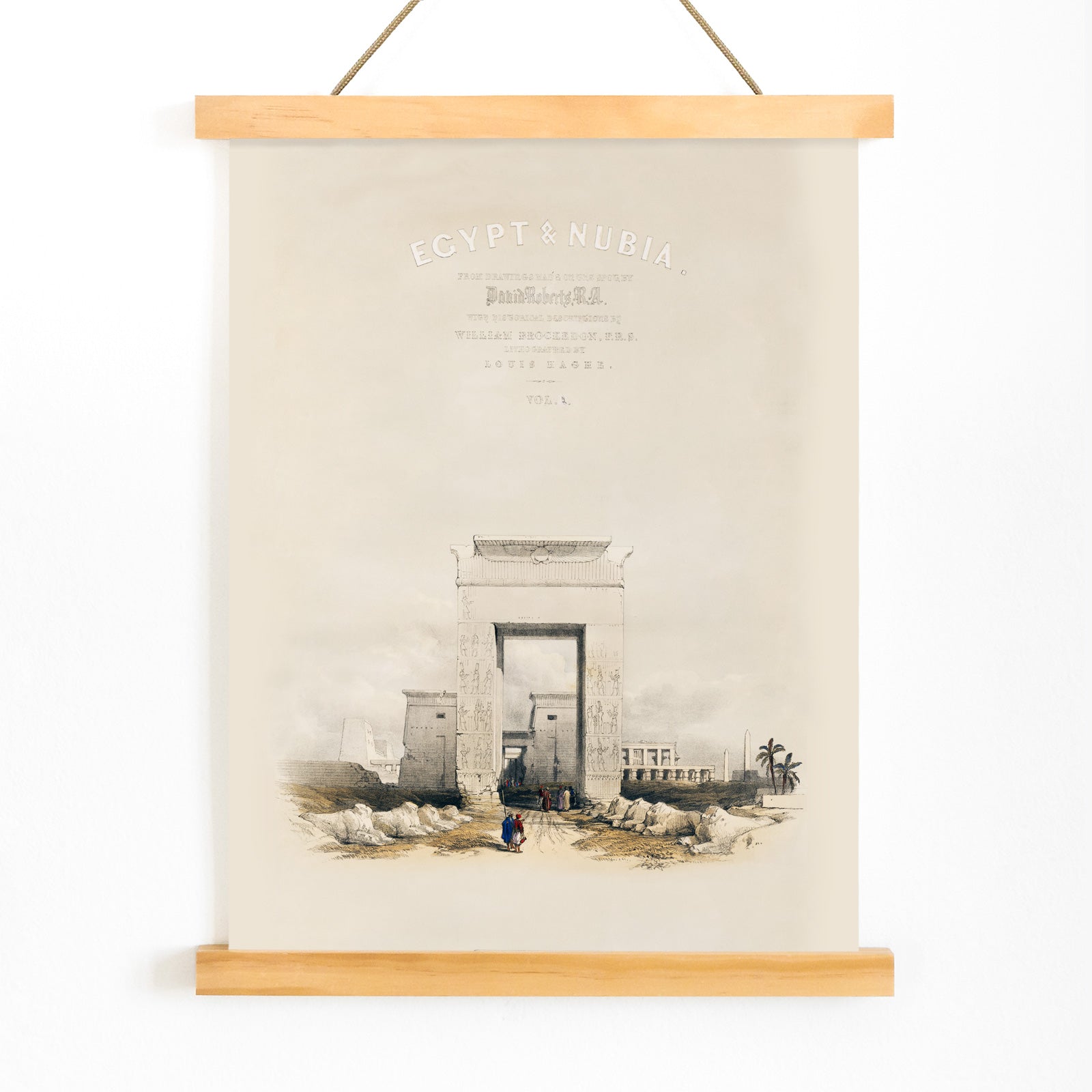 Ancient Egyptian gateway and Great gateway at Temple of Karnak Thebes with hieroglyphs people and ruins artwork by David Roberts, with wooden magnetic frame on white background