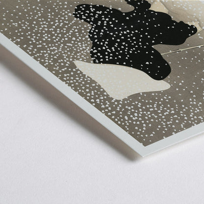 Closeup detail of Poster of Tomoe no yuki by Kamisaka Sekka showing a snowy scene with a silhouette of a figure in dark attire under heavy snowfall wearing a white hat and holding a walking stick