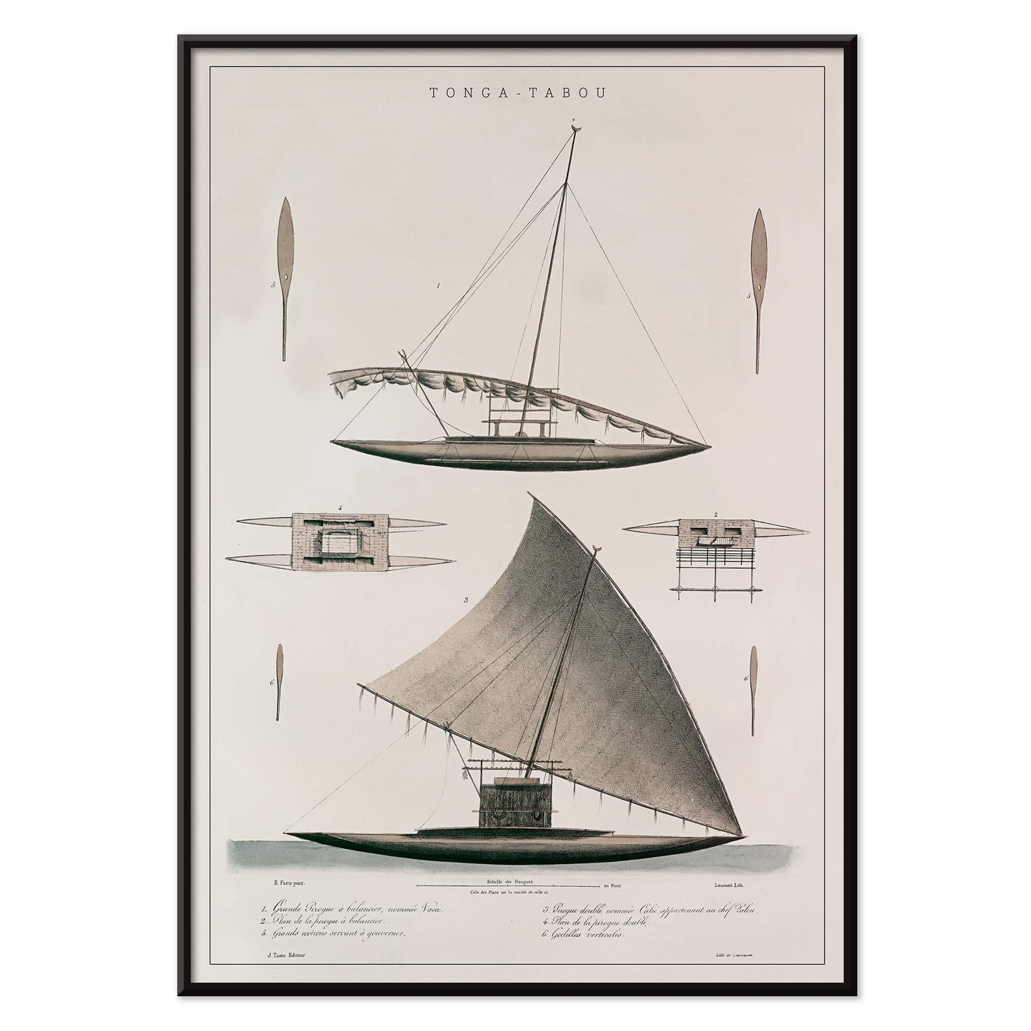 J. Tastu Tonga-Tabou poster with detailed pirogues of chief Palou, rigging studies, and antique nautical drawings in soft grey and beige tones, with black aluminium frame on white background