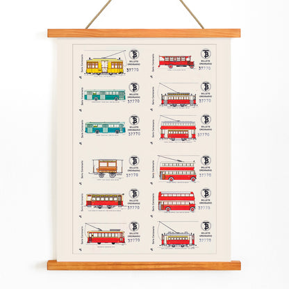 Vintage Barcelona bus and tram ticket illustrations poster Billetes Bus Barcelona artwork, with wooden magnetic frame on white background