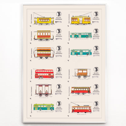 Closeup detail of Vintage Barcelona bus and tram tickets poster with colorful illustrations from Compania de Tranvia de Barcelona Billetes de Bus de Barcelona