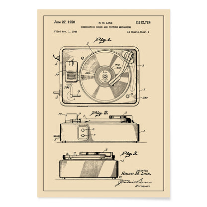 Vintage turntable patent illustration and technical drawing poster by R M Like ideal music lover decor, with black aluminium frame on white background