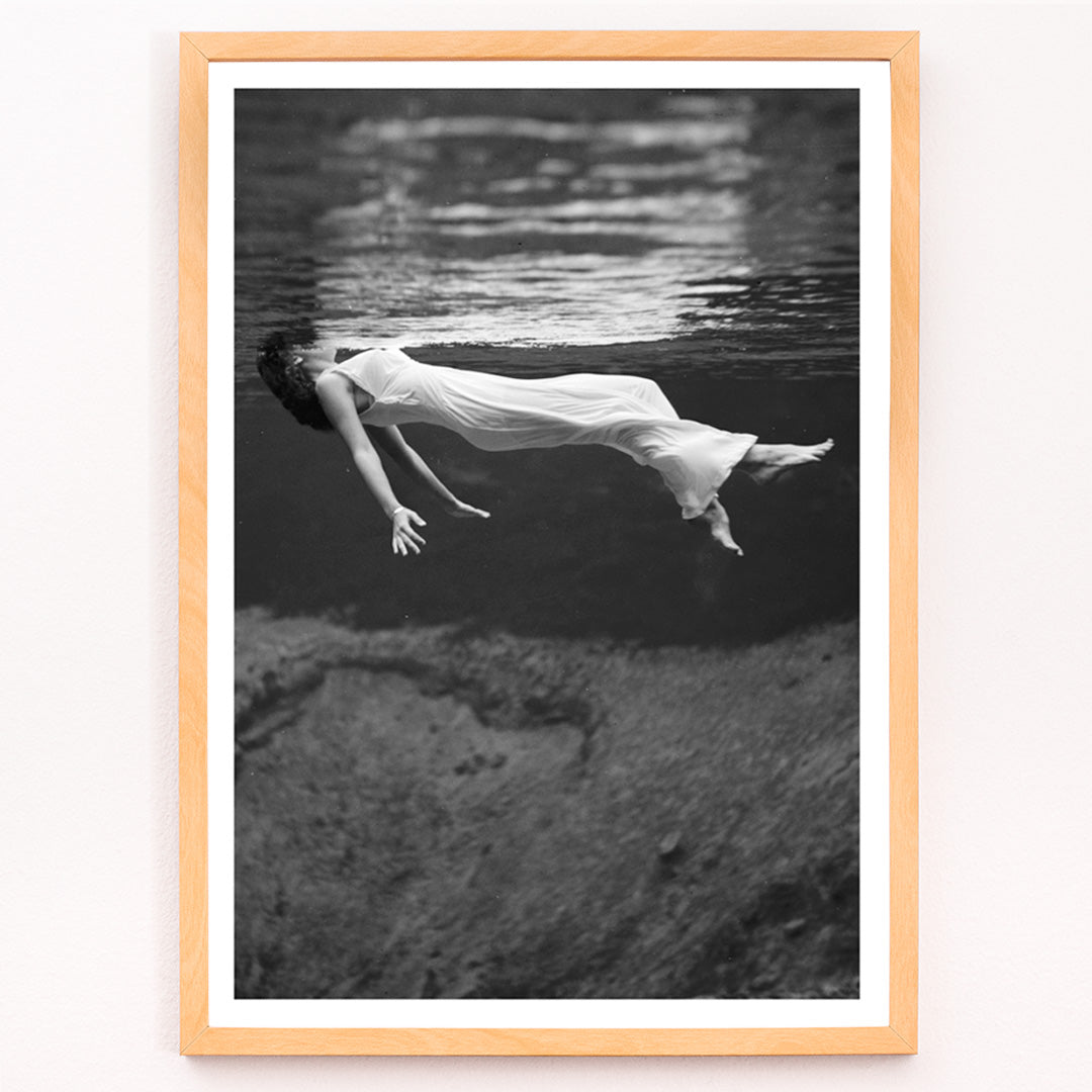 Closeup detail of Underwater woman in white flowing dress at Weeki Wachee spring Florida by Toni Frissell