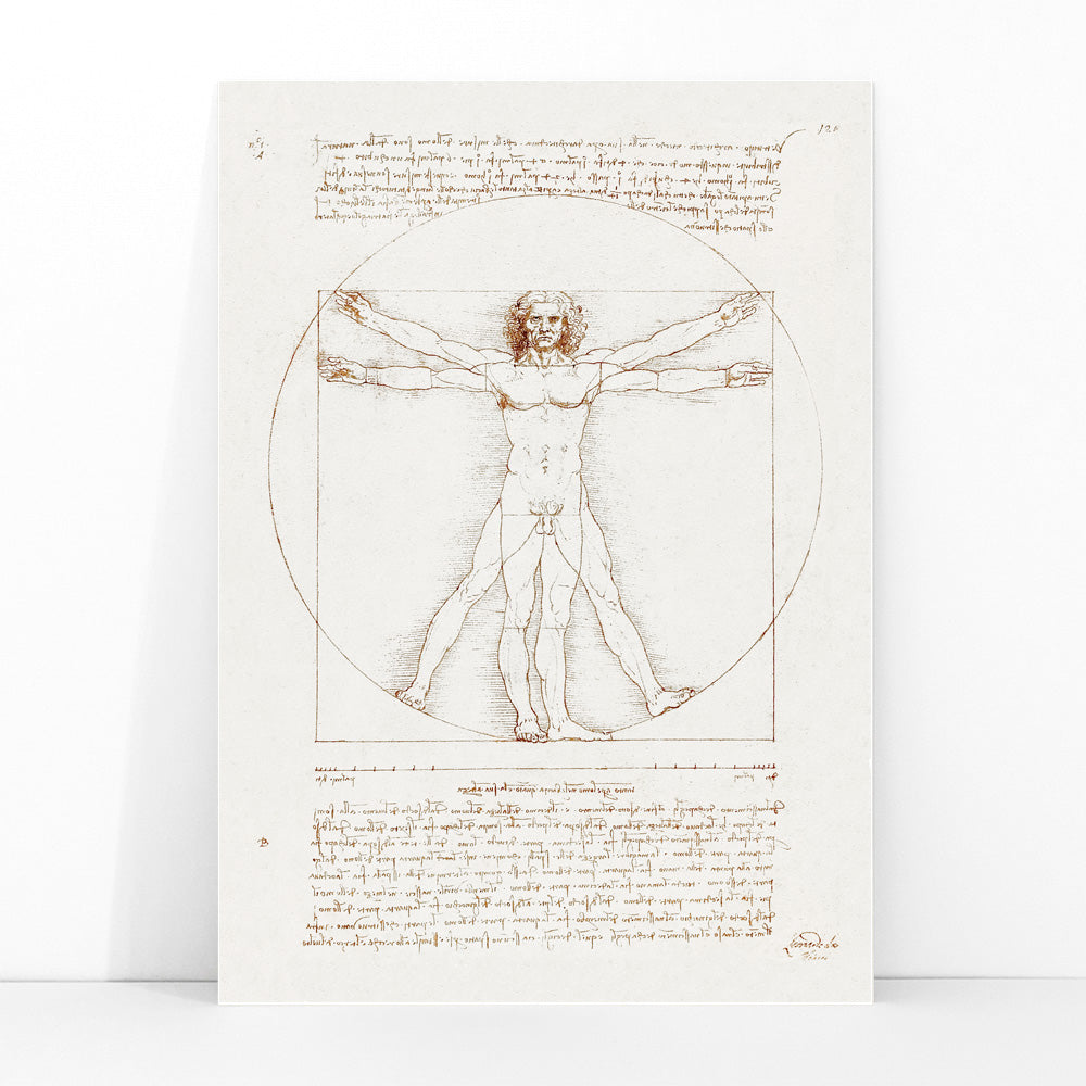 Vitruvian Man by Leonardo da Vinci human figure anatomical study with outstretched arms and legs inside circle and square geometric shapes artwork poster, framed and displayed in modern living room decor