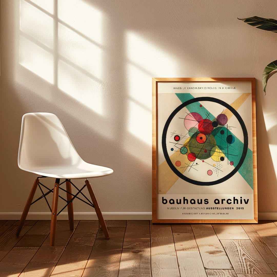 Wassily Kandinsky Circles in a Circle Bauhaus poster featuring abstract geometric shapes circles and lines for Bauhaus Archiv exhibition, framed and displayed in home decor