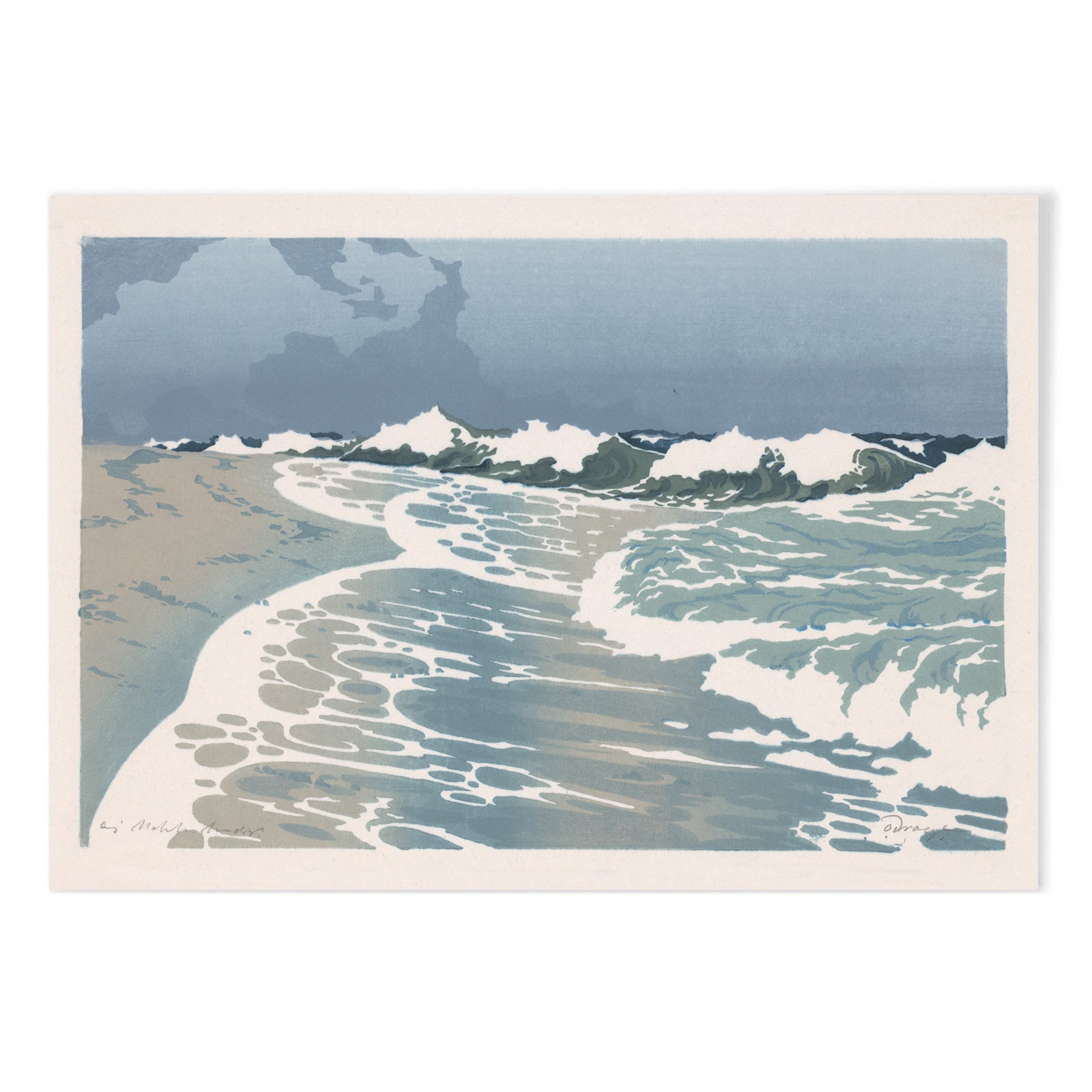 Sea waves crashing on sandy seashore artwork by O Droegl poster of foamy waves on the sea shore, with black aluminium frame on white background