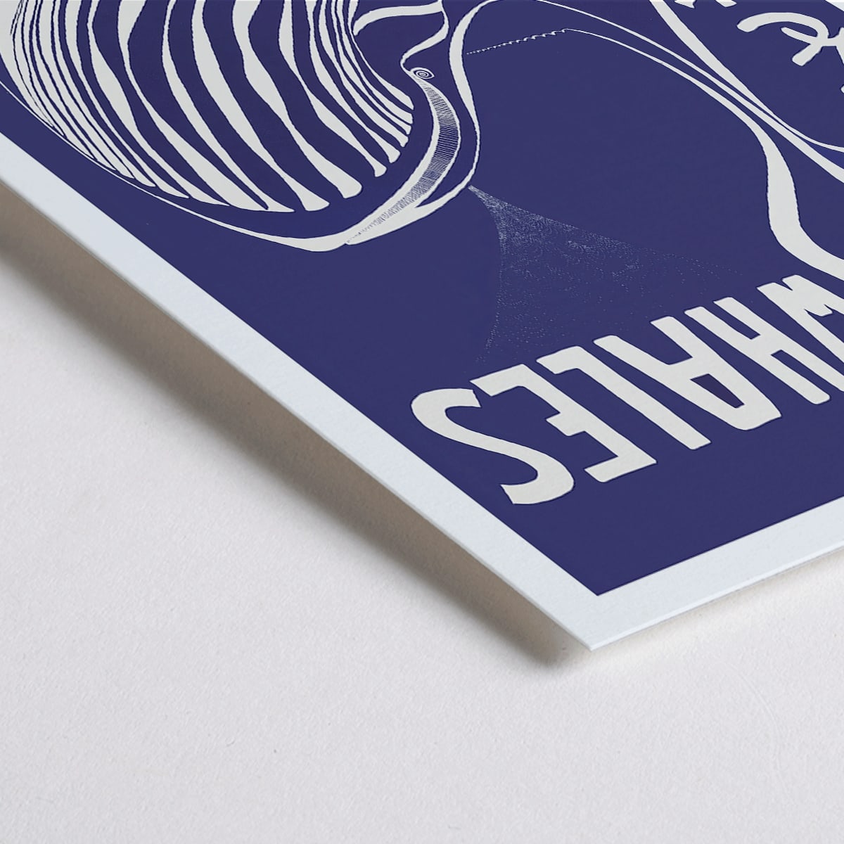 Closeup detail of Save the Whales poster by Lawrence Vint featuring a stylized white whale and multilingual save the whales message on blue background