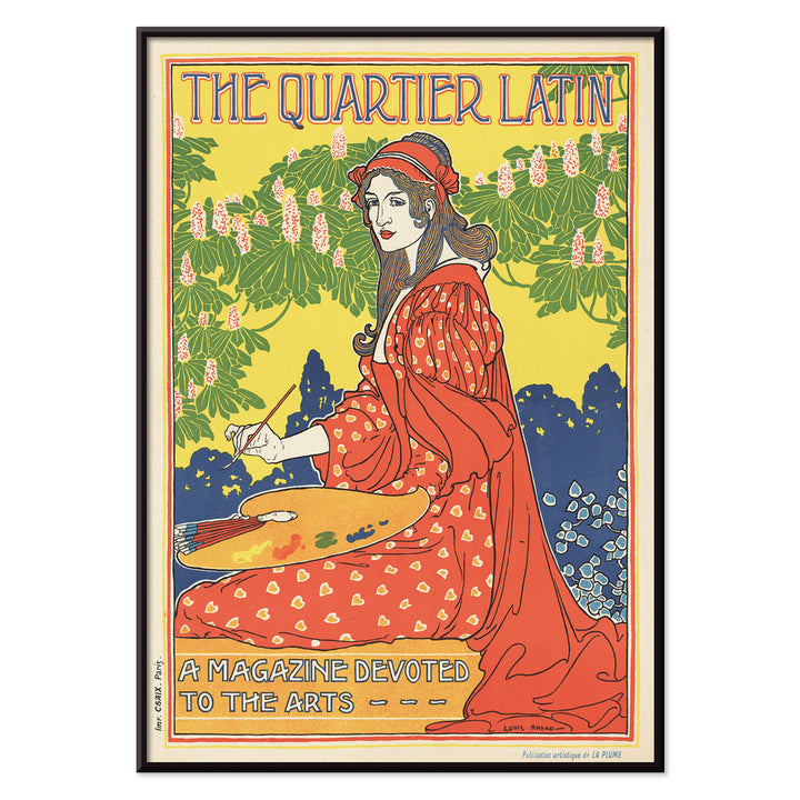 Art Nouveau poster The Quartier Latin by Louis Rhead showing a woman artist in a red dress painting with floral background and vibrant outdoor colors, with black aluminium frame on white background