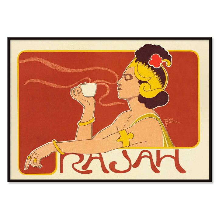 Henri Meunier Cafe Rajah Art Nouveau poster with elegant woman in profile holding a cup and bold red yellow lines, with black aluminium frame on white background