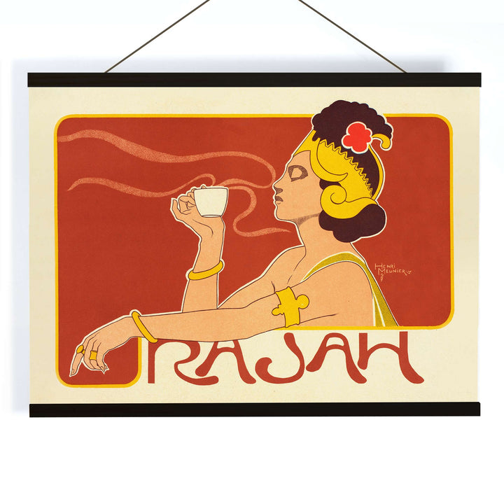 Henri Meunier Cafe Rajah Art Nouveau poster with elegant woman in profile holding a cup and bold red yellow lines, with wooden magnetic frame on white background