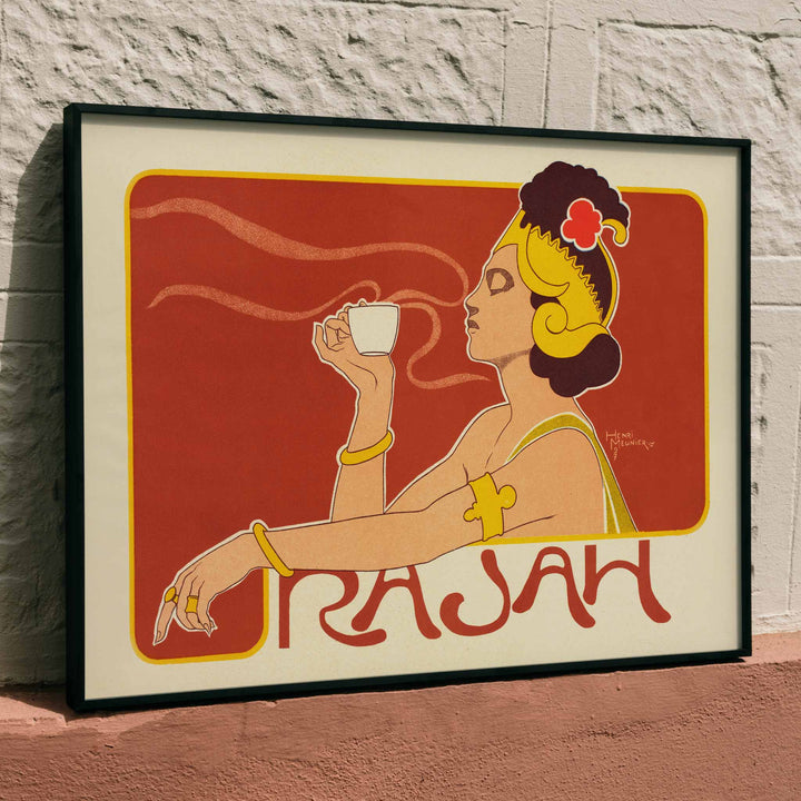 Henri Meunier Cafe Rajah Art Nouveau poster with elegant woman in profile holding a cup and bold red yellow lines, framed and displayed in home decor